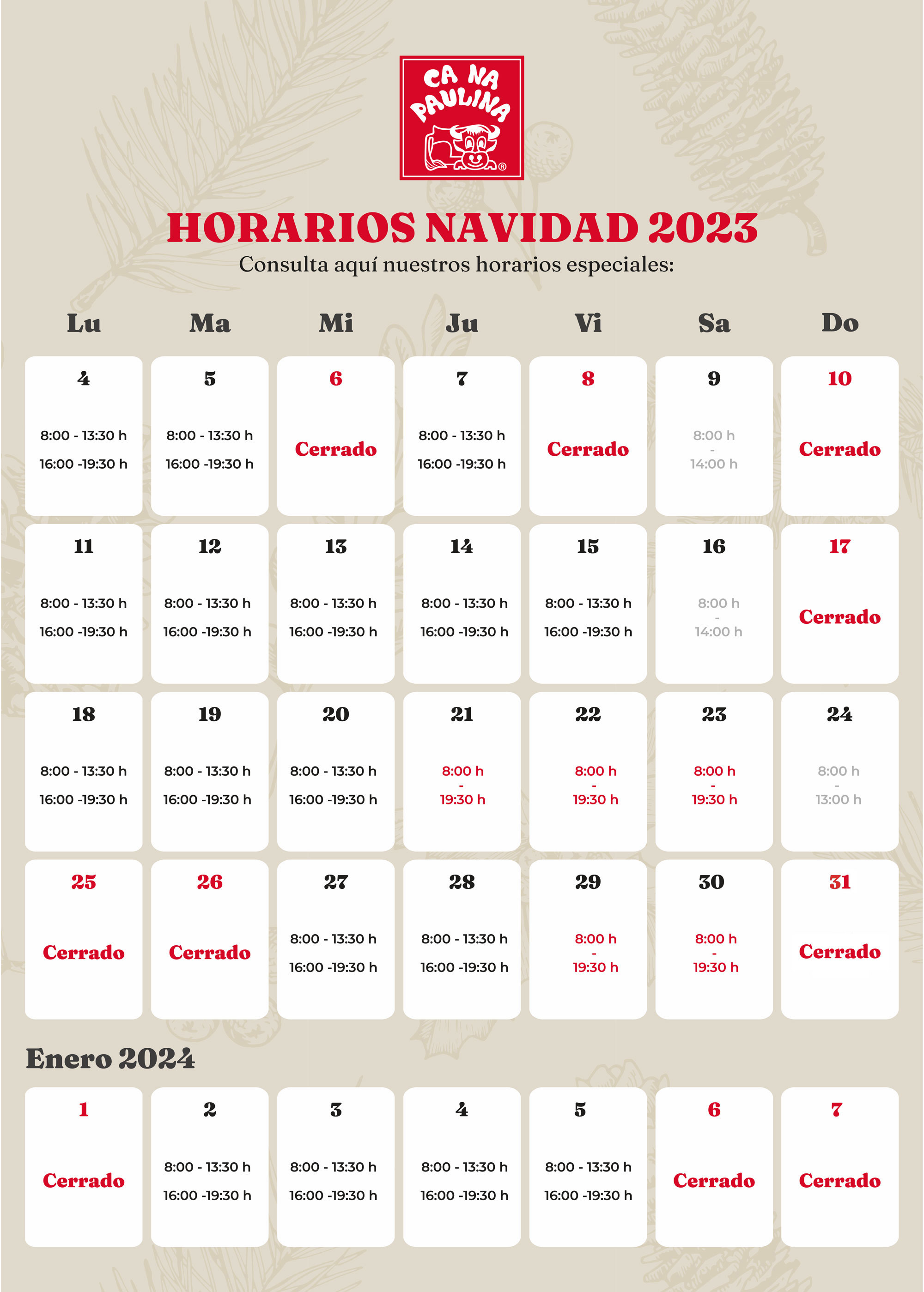 Horarios Navidad Ca Na Paulina